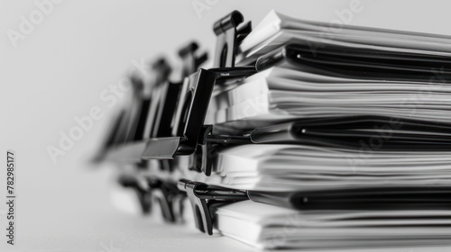 Stack of business report paper files with black clips AI generated