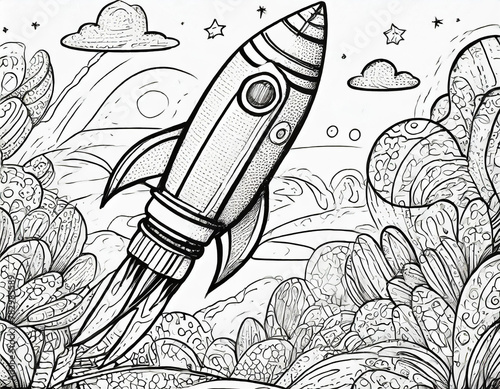 black and white sketch illustration mock-up of a space rocket starting, coloring book for a children's book, thin black outline image © Donald