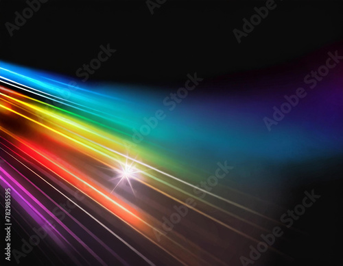 Black background with rainbow flare overlay and copy space for text. Colorful streaks of light, vibrant colors on dark background