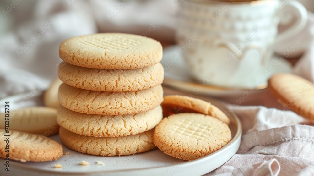 stack of fresh butter cookies in plate on pastel cloth AI generated