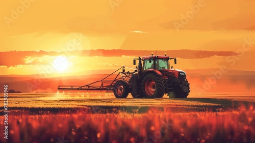 Trattore per l'irrigazione che guida l'irrorazione o la raccolta di un raccolto agricolo al tramonto con dati infografici informativi come design di banner per l'industria agricola e la produzione di  photo