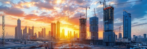 Rapidly Transforming City Skyline with Towering Skyscrapers Under Construction at Sunset