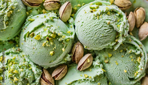 Closeup of homemade green pistachio ice cream texture, with little pieces of chopped nuts. Frozen joghurt macro. Summer delicious sweet dessert. Gourmet food web banner. Dairy product. Top view. photo