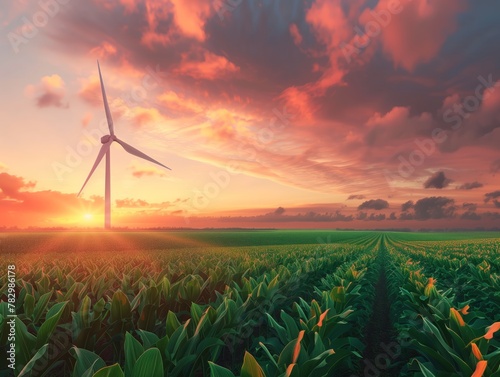 Una turbina eolica è un dispositivo che converte l'energia cinetica del vento in energia elettrica. al tramonto su un terreno coltivato con dati infografici informativi come design di banner  photo