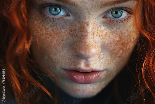 Mystic Gaze: Red-Haired Girl with Freckles Portrait, blue eyes.