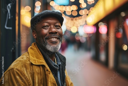 Portrait of smiling senior man in yellow jacket and cap standing in city street