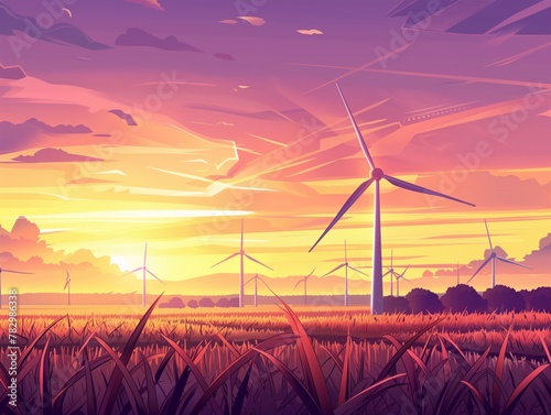 Una turbina eolica è un dispositivo che converte l'energia cinetica del vento in energia elettrica. al tramonto su un terreno coltivato con dati infografici informativi come design di banner  photo