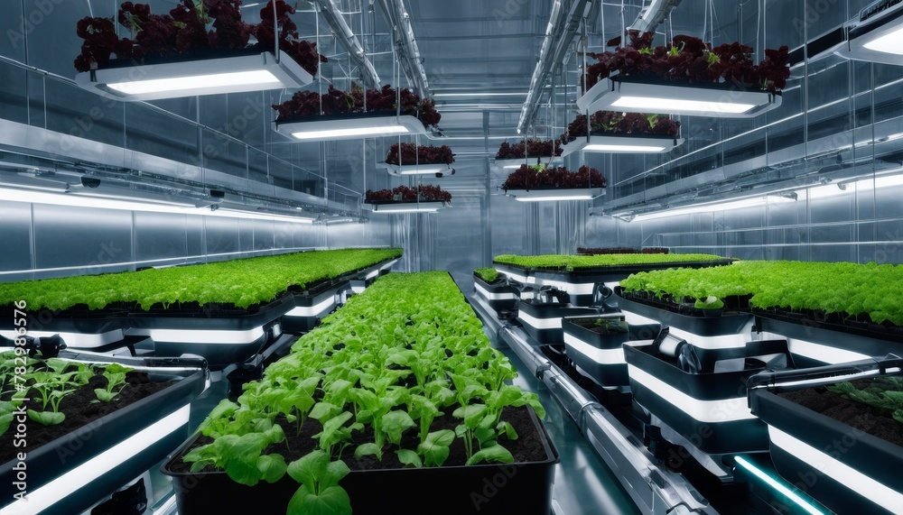 A hydroponic farm interior with rows of lush greenery under artificial lighting, illustrating advanced agricultural technology.. AI Generation