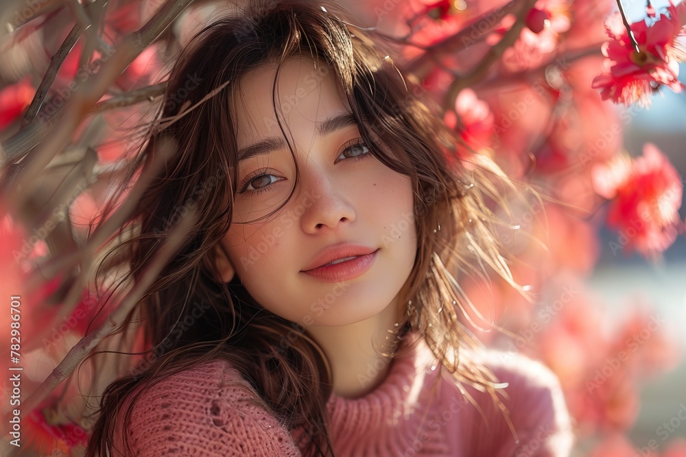 A beautiful photo of a young woman standing in a field of flowers. She is smiling and looking at the camera. Her hair is long and flowing, and she is wearing a pink sweater. The background is soft and A beautiful photo of a young woman standing in a field of flowers. She is smiling and looking at the camera. Her hair is long and flowing, and she is wearing a pink sweater. The background is soft and