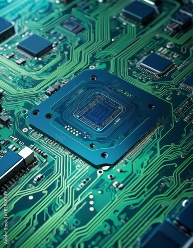 A macro shot of a blue central processing unit, the brain of the computer, mounted on a detailed green motherboard circuitry.