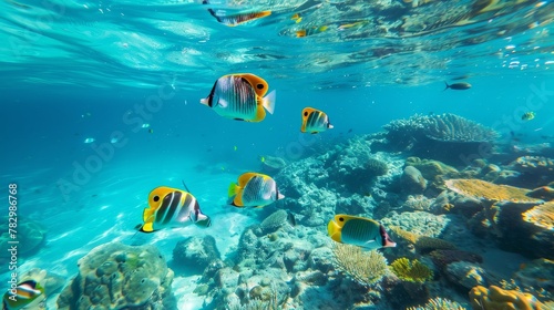 Group of colorful tropical fish swimming near a coral reef