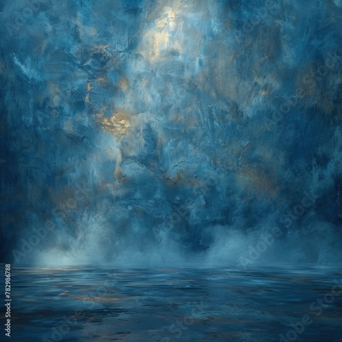 Blue and gold abstract background with light shining down