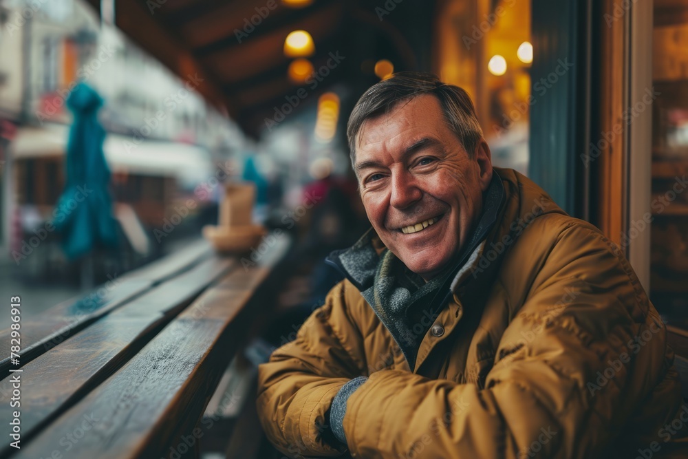 Portrait of happy senior man sitting on bench in a cafe. Portrait of happy senior man sitting on bench in a cafe.