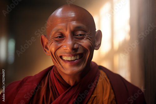 Smiling Buddhist monk. Buddhist religion. Taoism religion. Topics related to the Buddhist religion. Meditation, yoga. Confucianism. Monk's retreat. AI. photo