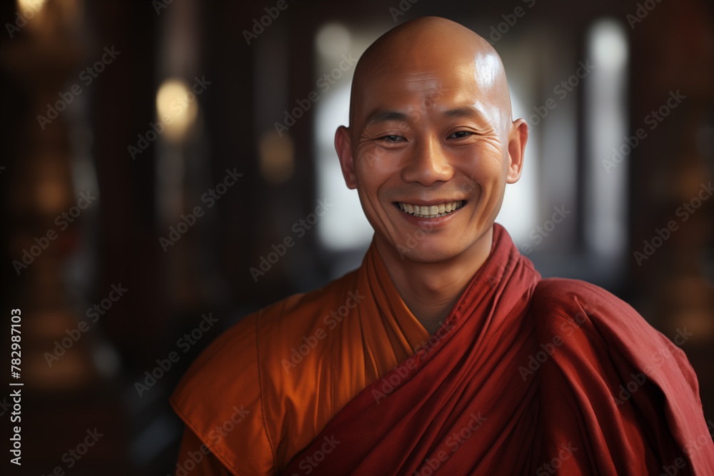 Smiling Buddhist monk. Buddhist religion. Taoism religion. Topics related to the Buddhist religion. Meditation, yoga. Confucianism. Monk's retreat. AI.