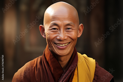 Smiling Buddhist monk. Buddhist religion. Taoism religion. Topics related to the Buddhist religion. Meditation, yoga. Confucianism. Monk's retreat. AI.