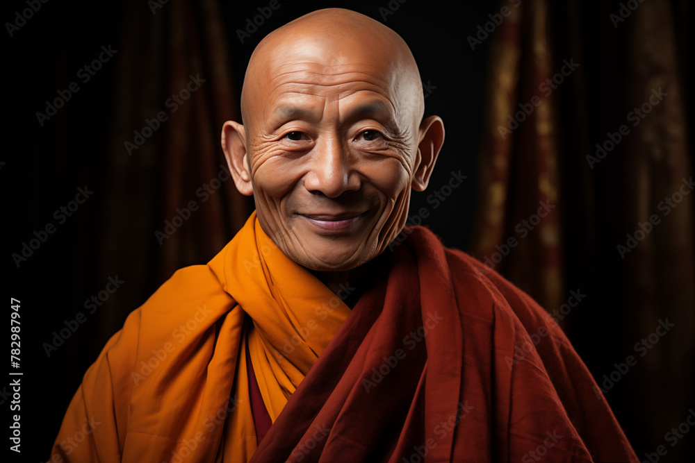 Smiling Buddhist monk. Buddhist religion. Taoism religion. Topics related to the Buddhist religion. Meditation, yoga. Confucianism. Monk's retreat. AI.