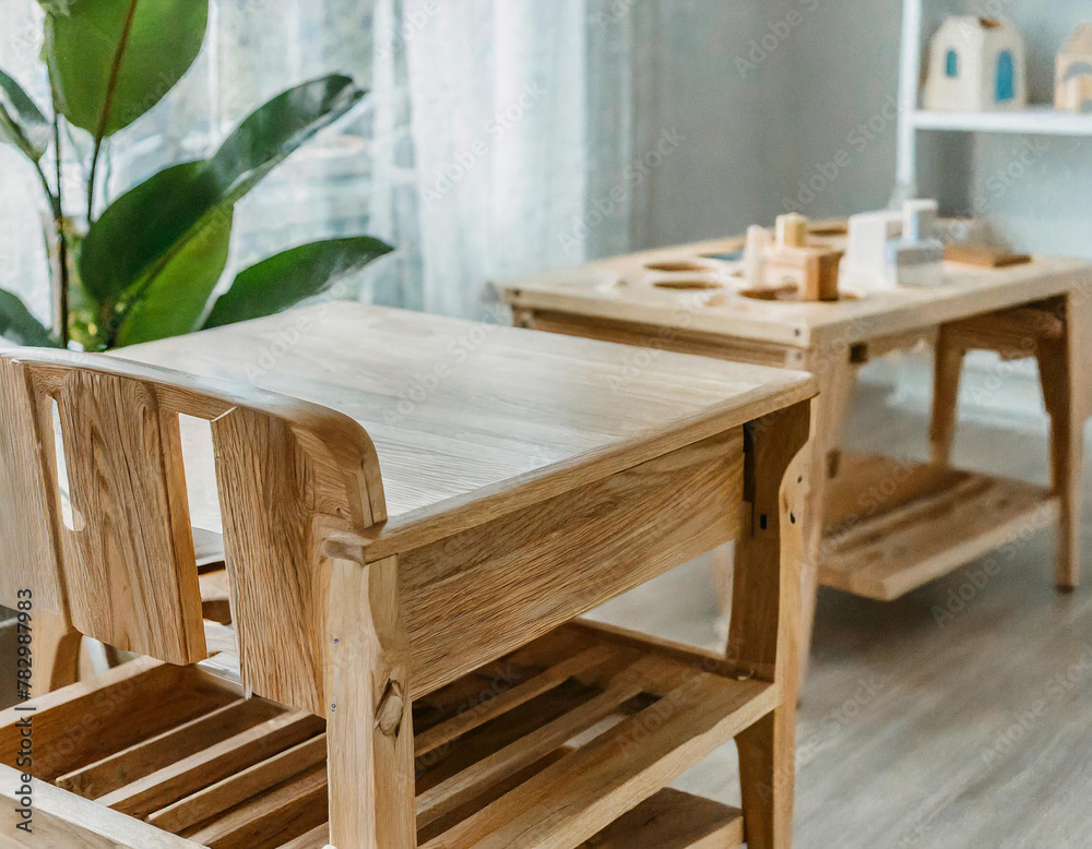 Montessori education. Nursery room interior with wooden furniture and ...