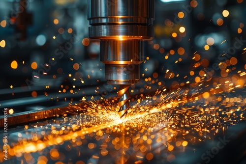 A high-speed industrial cutting tool generates a shower of orange sparks, showcasing manufacturing power