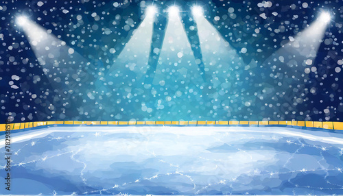 Snow and ice background. Empty ice rink illuminated by spotlights