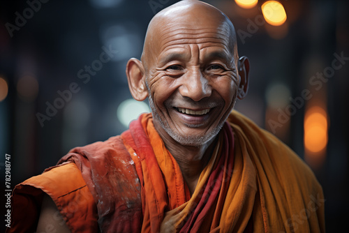 Smiling Buddhist monk. Buddhist religion. Taoism religion. Topics related to the Buddhist religion. Meditation, yoga. Confucianism. Monk's retreat. AI. © My Beautiful Picture