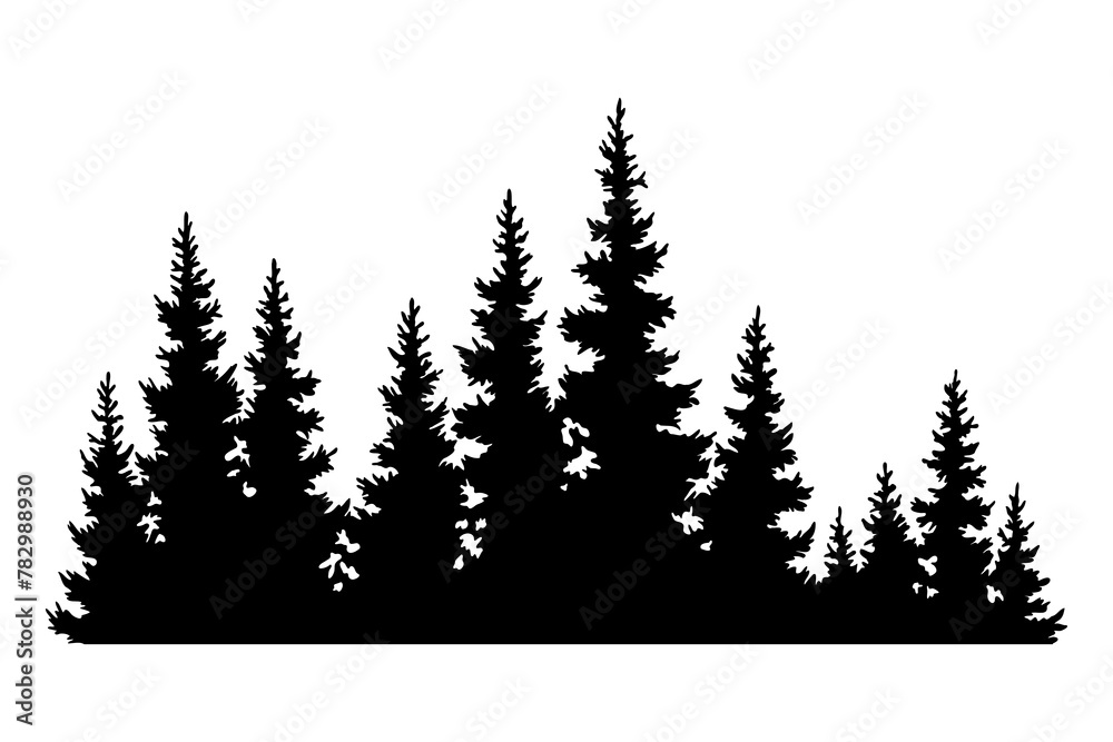 Fototapeta premium Fir trees silhouette. Coniferous spruce horizontal background pattern, black evergreen woods illustration. Beautiful hand drawn panorama of coniferous forest