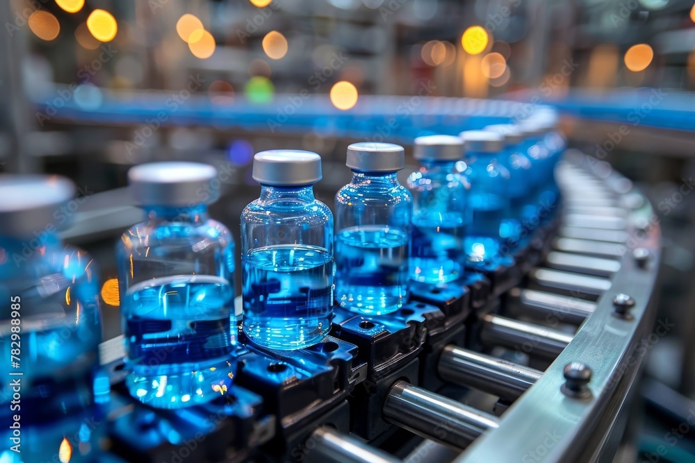 Blue liquid vials on an automated production line in a pharmaceutical facility, depicting medical manufacturing Blue liquid vials on an automated production line in a pharmaceutical facility, depicting medical manufacturing