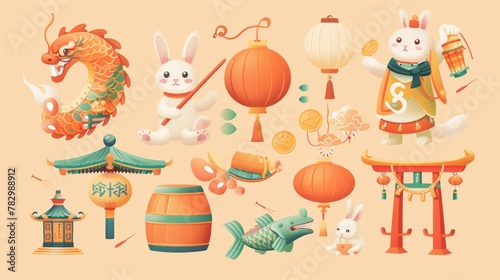 Set of 2023 Chinese New Year elements including festive rabbits riding on dragons, drumming and wearing traditional costumes, drum, lantern, carp fish, coin and traditional arch.
