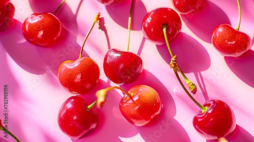 Fresh glossy sweet cherries on neon pink background in bright sunlight