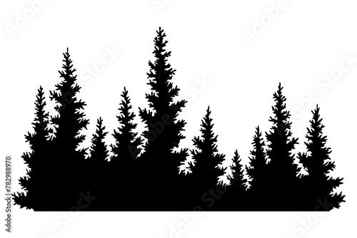 Fir trees silhouette. Coniferous spruce horizontal background pattern, black evergreen woods illustration. Beautiful hand drawn panorama of coniferous forest