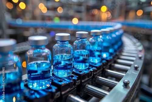 Blue liquid vials on an automated production line in a pharmaceutical facility, depicting medical manufacturing