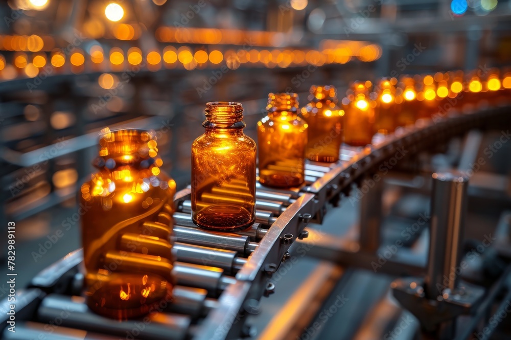 Vibrant brown bottles transport medicine in a sterile factory setting, emphasizing the pharmaceutical industry