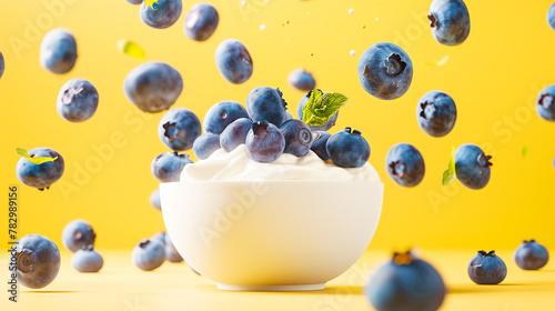 Fresh blueberries falling into creamy yoghurt on yellow background. Various dairy products advertisement template package design