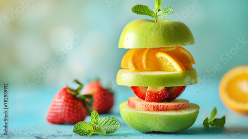 Apple burger with layers of sliced orange tangerine strawberries garnished with fresh mint leaves on blue background. Sunlight. Plant based diet vitamins nutrition concept