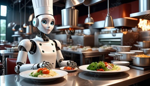 A robotic chef with a toque is elegantly plating a salad in a state-of-the-art kitchen, showcasing culinary precision and the future of cooking.. AI Generation