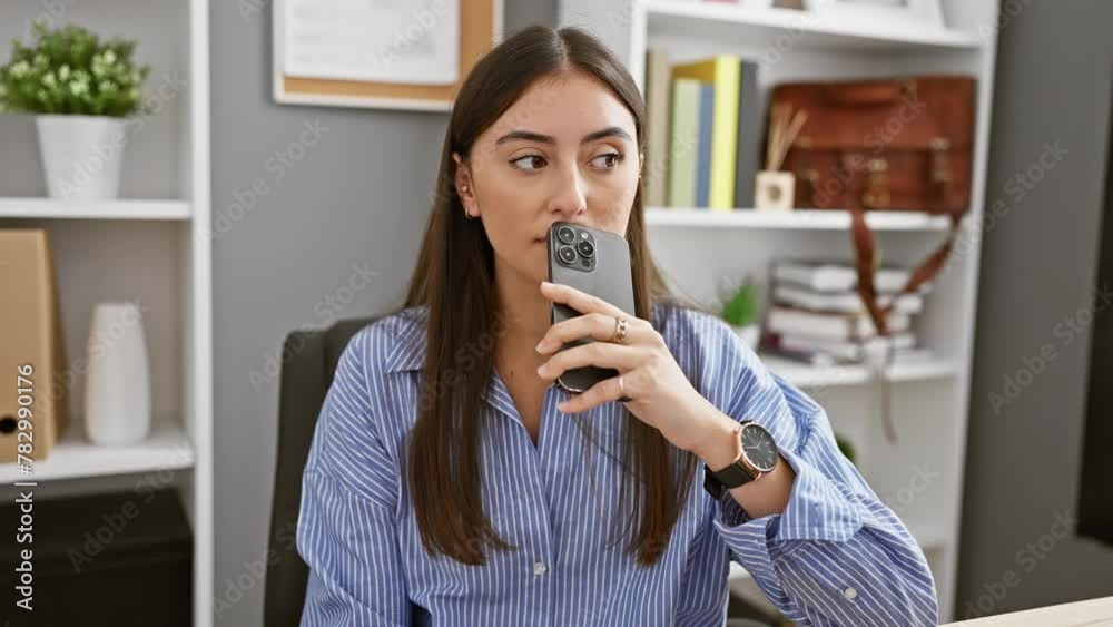 A focused hispanic woman in business attire using a smartphone in a modern office setting. A focused hispanic woman in business attire using a smartphone in a modern office setting.
