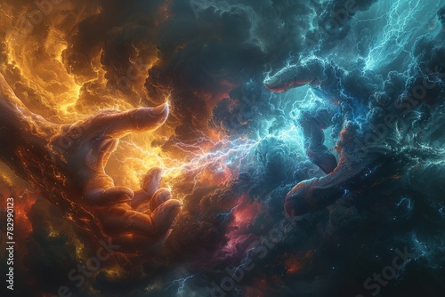 A dramatic scene where two celestial-inspired hands engage over a gorgeously rendered nebula, symbolizing epic encounters
