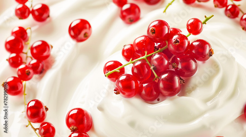 Fresh red currants in creamy yoghurt. Various dairy products advertisement template package design