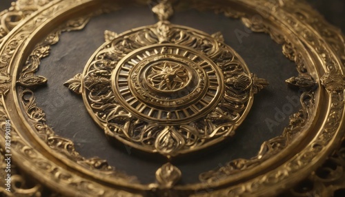 A close-up of an intricately designed golden compass rose embedded within an elaborate floral pattern on a dark background, exuding luxury and antique charm.