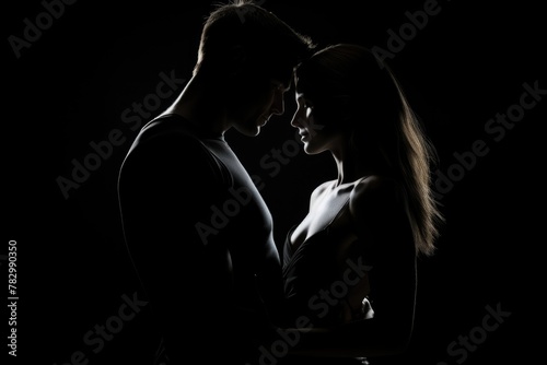 Silhouette of an intimate couple against a dark background, conveying a mood of romance and closeness. Silhouette of Intimate Couple in Dark Ambiance