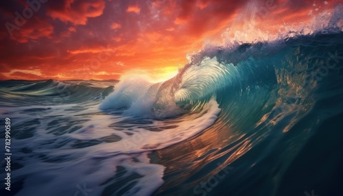 Beautiful sunset reflection on the wave. Powerful storm surge before gurgling and foaming, ocean wave panoramic background © Virgo Studio Maple