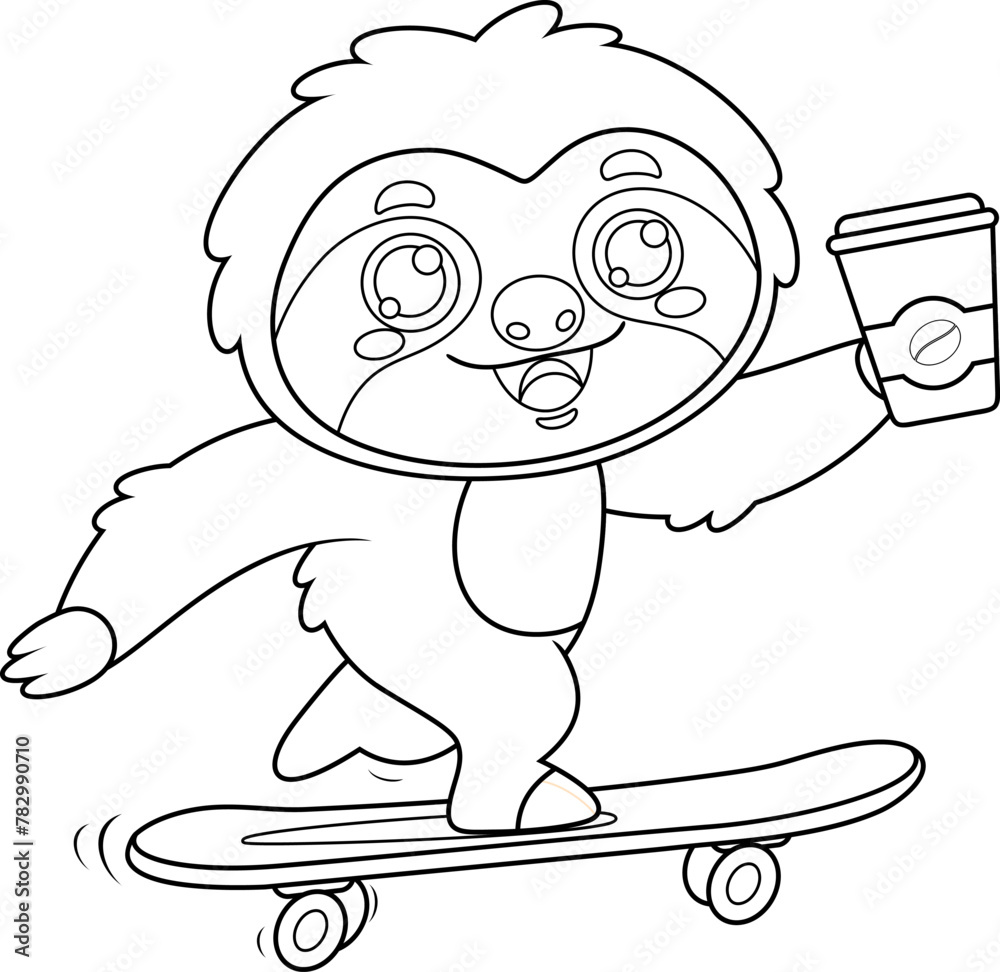 Fototapeta premium Outlined Funny Cute Sloth Cartoon Character Skateboarding With Coffee. Vector Hand Drawn Illustration Isolated On Transparent Background