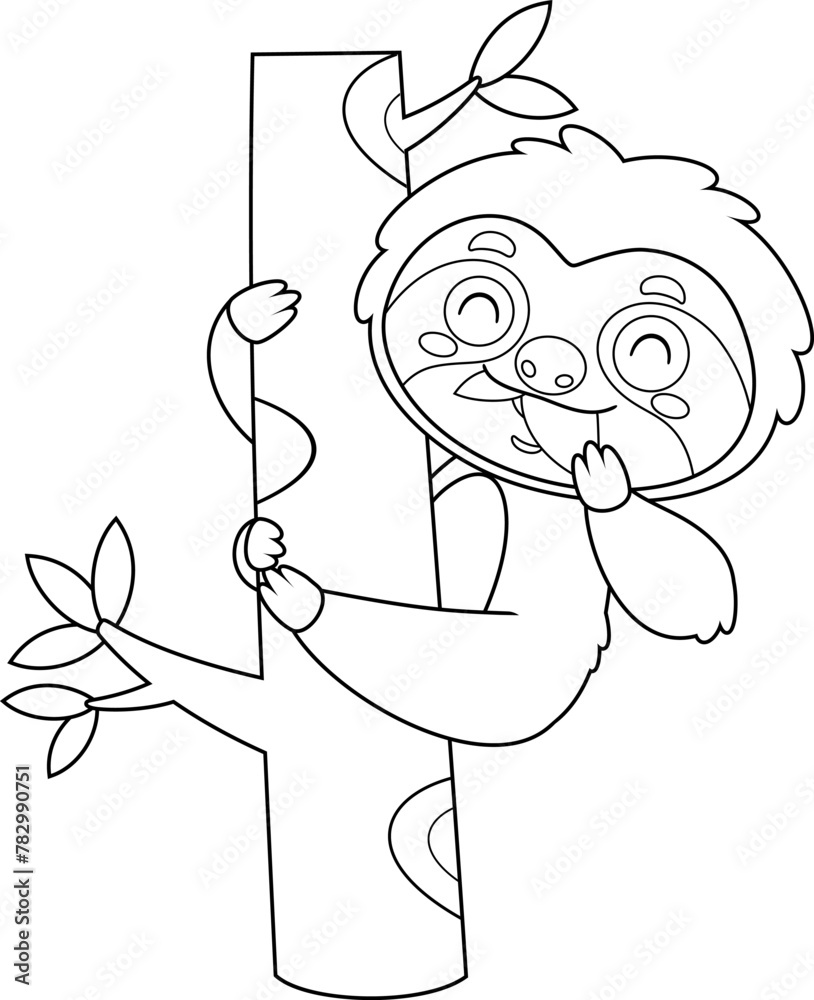 Fototapeta premium Outlined Funny Cute Sloth Cartoon Character Eating A Leaf. Vector Hand Drawn Illustration Isolated On Transparent Background