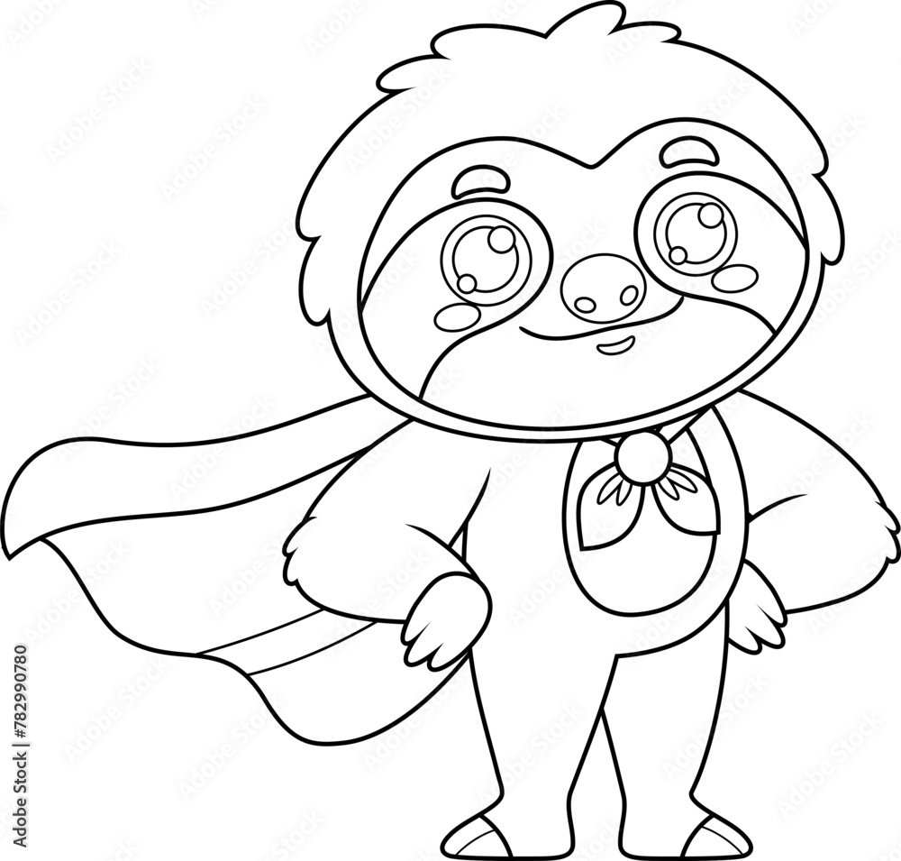 Fototapeta premium Outlined Funny Cute Sloth Cartoon Character SuperHero. Vector Hand Drawn Illustration Isolated On Transparent Background
