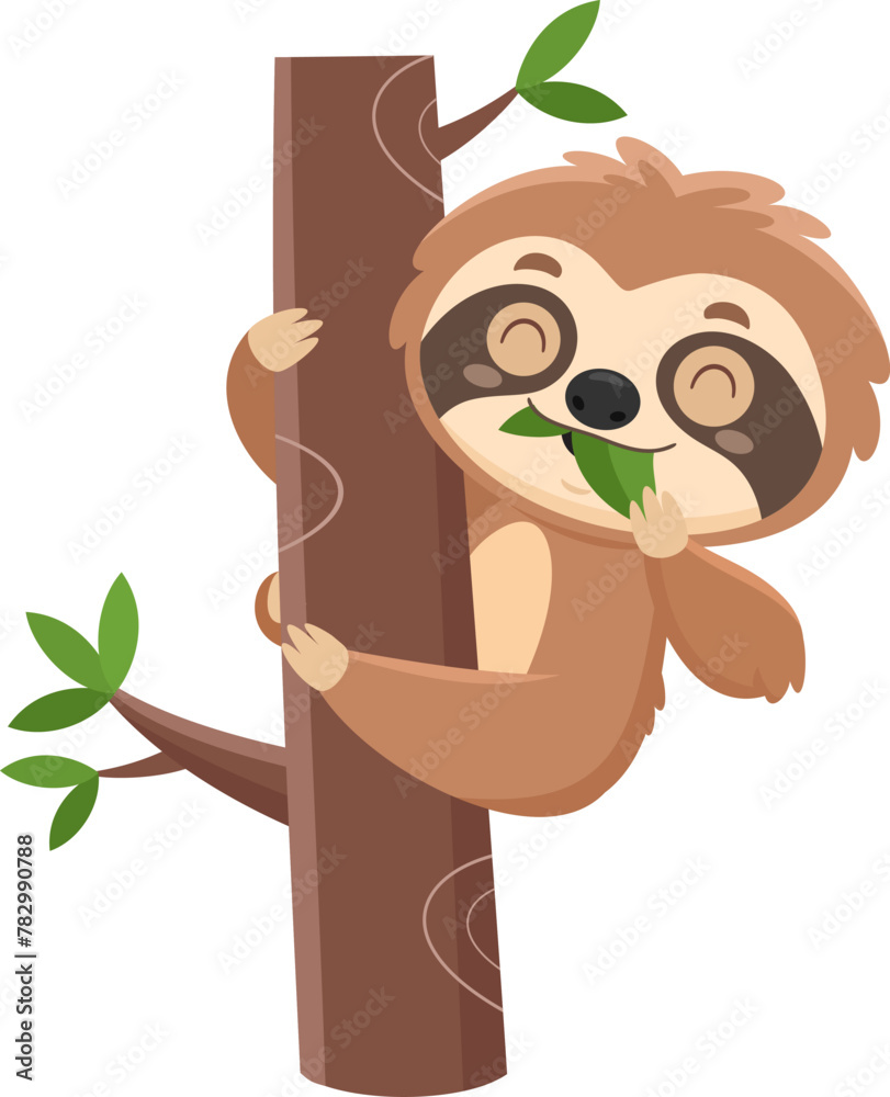 Fototapeta premium Funny Cute Sloth Cartoon Character Eating A Leaf. Vector Illustration Flat Design Isolated On Transparent Background