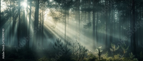 Close up of amazing mystical rising mist fog dust forest woods trees landscape panorama banner with sun sunlight sunshine and sunbeams sunshine rays  © Corri Seizinger