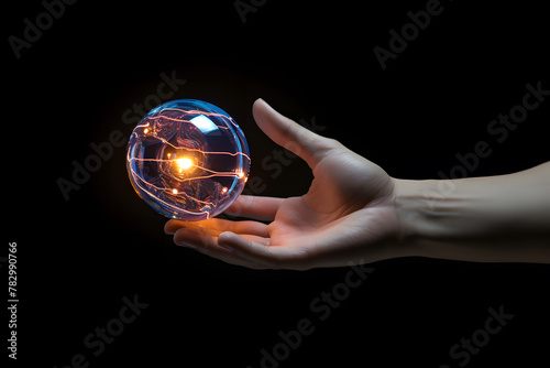 Human s hand holding an artificial intelligence glowing sphere isolated on black background