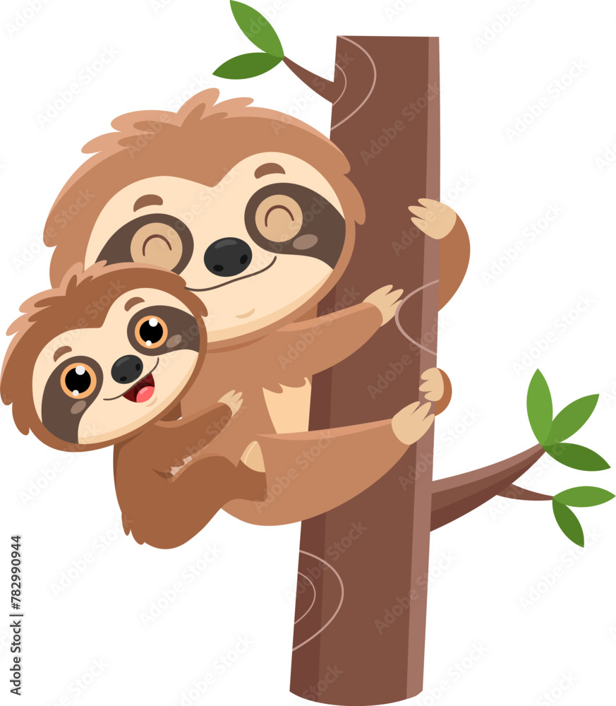 Naklejka premium Cute Sloth Mom And Baby Cartoon Characters. Vector Illustration Flat Design Isolated On Transparent Background