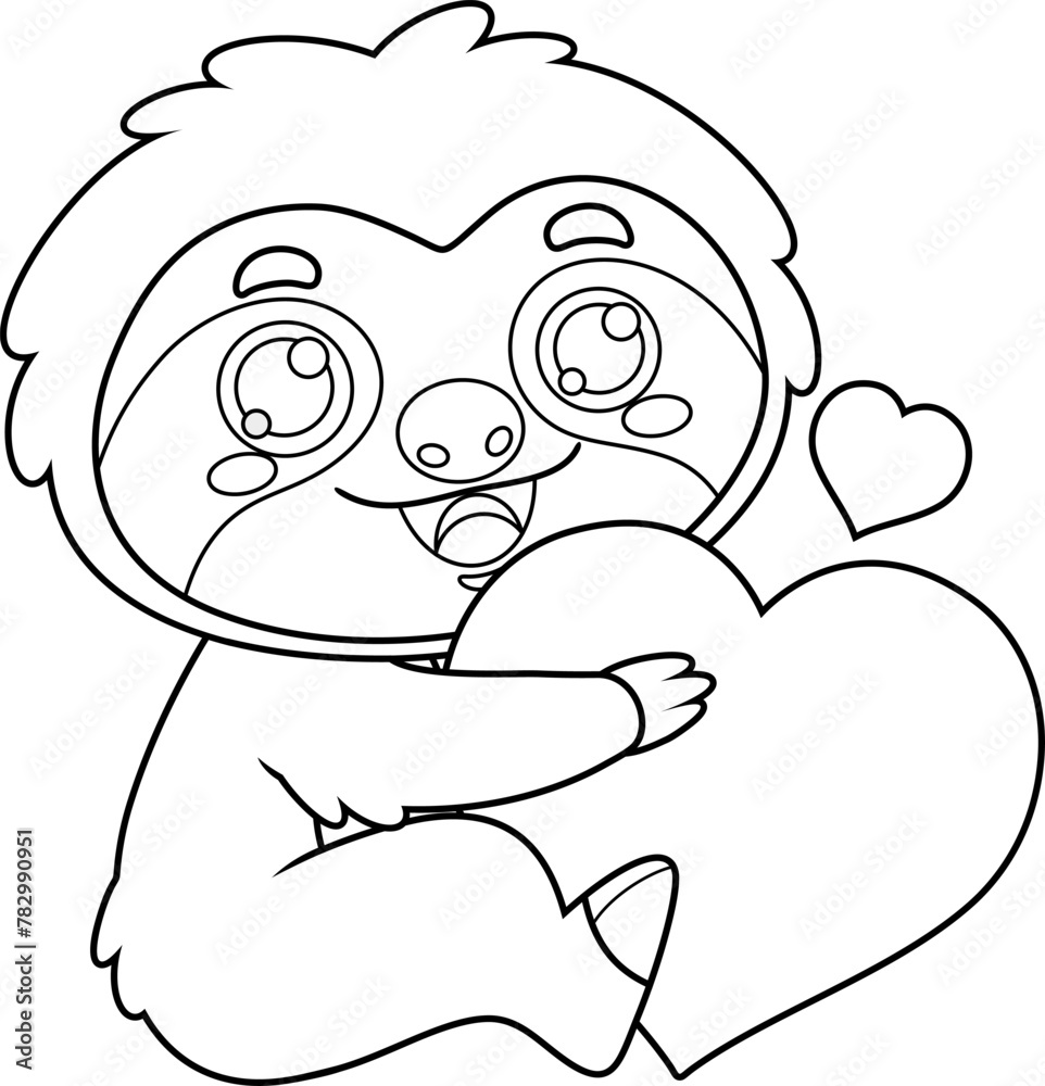 Fototapeta premium Outlined Funny Cute Sloth Cartoon Character Holding A Heart. Vector Hand Drawn Illustration Isolated On Transparent Background