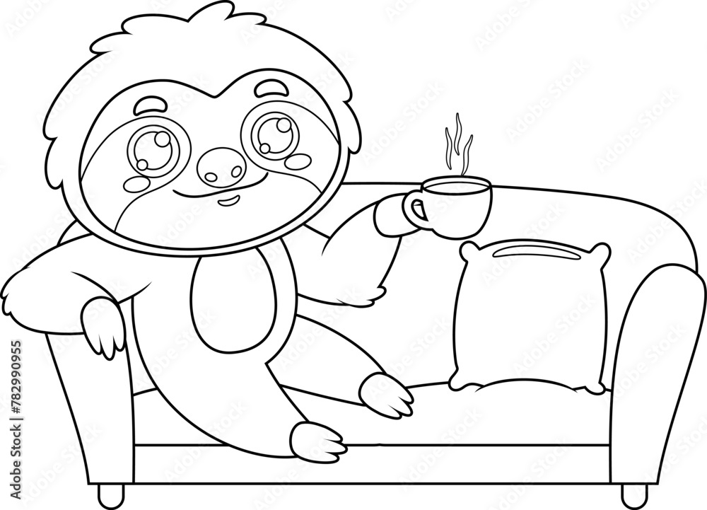 Obraz premium Outlined Smiling Cute Sloth Cartoon Character Sitting On A Sofa And Drinking Coffee. Vector Hand Drawn Illustration Isolated On Transparent Background